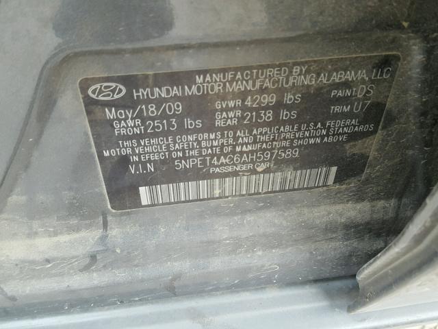 5NPET4AC6AH597589 - 2010 HYUNDAI SONATA GLS GRAY photo 10