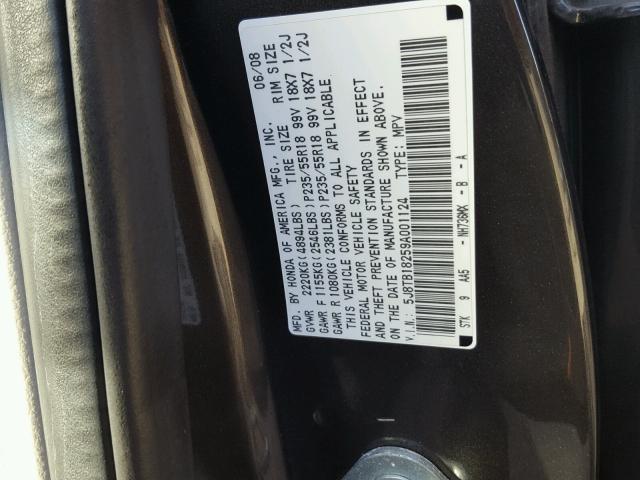 5J8TB18259A001124 - 2009 ACURA RDX CHARCOAL photo 10