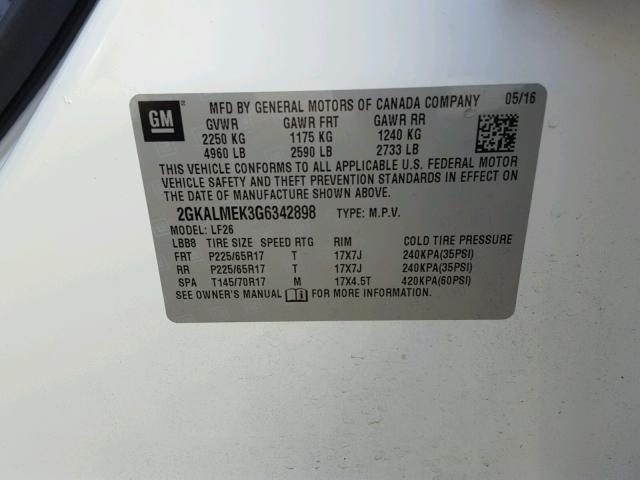 2GKALMEK3G6342898 - 2016 GMC TERRAIN SL WHITE photo 10