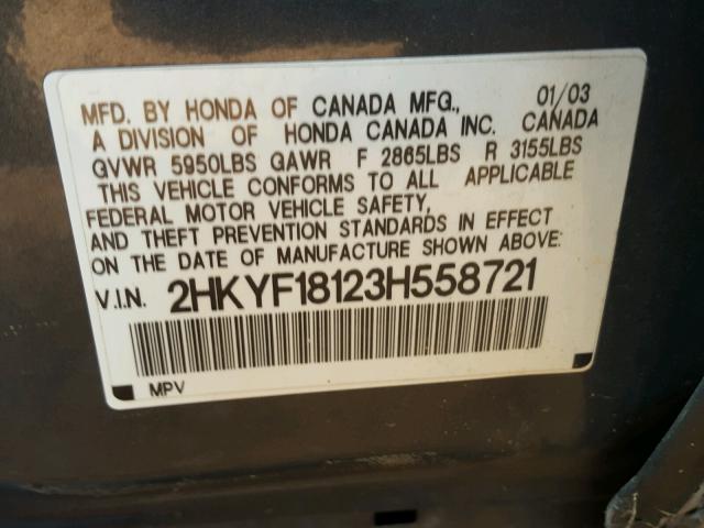 2HKYF18123H558721 - 2003 HONDA PILOT LX GRAY photo 10