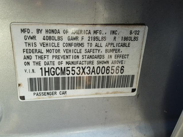 1HGCM553X3A006566 - 2003 HONDA ACCORD LX SILVER photo 10