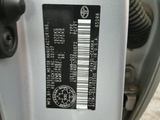 4T1BE46K37U660672 - 2007 TOYOTA CAMRY NEW SILVER photo 10