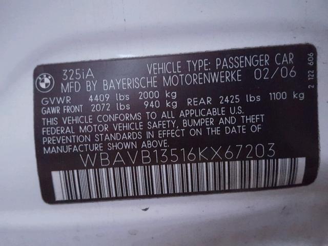 WBAVB13516KX67203 - 2006 BMW 325 I WHITE photo 10