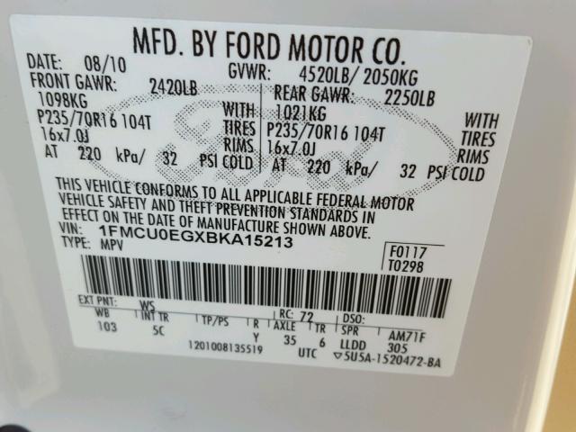 1FMCU0EGXBKA15213 - 2011 FORD ESCAPE LIM WHITE photo 10