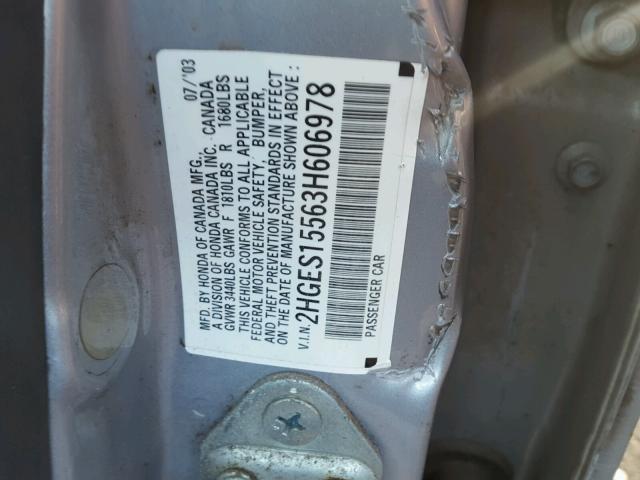 2HGES15563H606978 - 2003 HONDA CIVIC LX SILVER photo 10