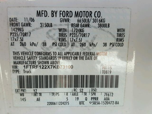 1FTRF122X7KB73100 - 2007 FORD F150 WHITE photo 9