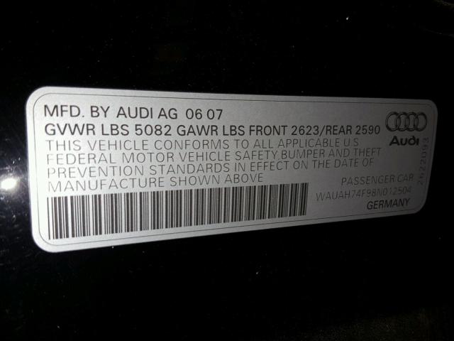 WAUAH74F98N012504 - 2008 AUDI A6 3.2 BLACK photo 10