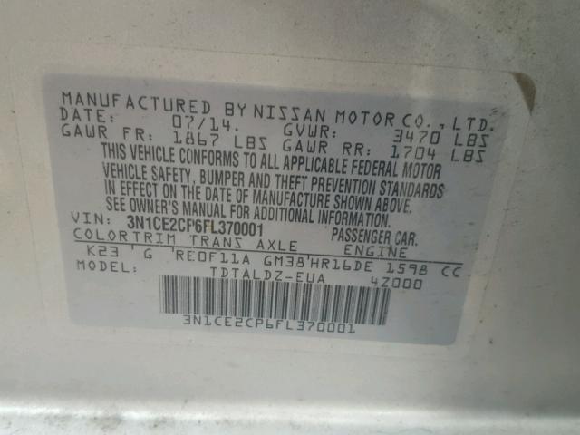 3N1CE2CP6FL370001 - 2015 NISSAN VERSA NOTE SILVER photo 10