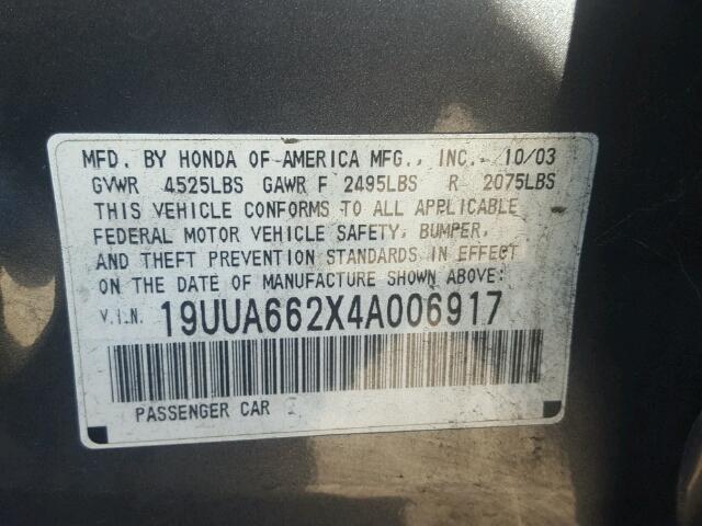 19UUA662X4A006917 - 2004 ACURA TL GRAY photo 10