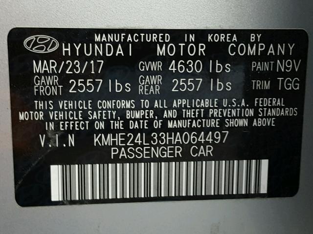 KMHE24L33HA064497 - 2017 HYUNDAI SONATA HYB SILVER photo 10