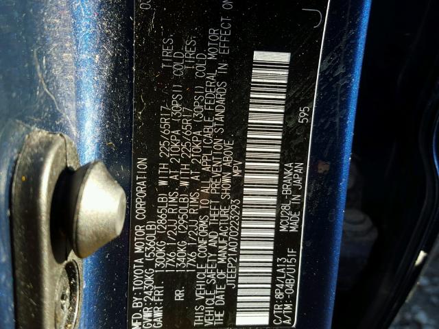 JTEEP21A070223293 - 2007 TOYOTA HIGHLANDER BLUE photo 10