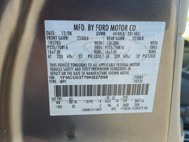 1FMCU03779KB27898 - 2009 FORD ESCAPE XLT GRAY photo 10