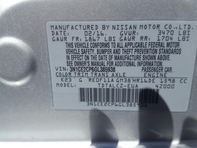 3N1CE2CP6GL385938 - 2016 NISSAN VERSA NOTE SILVER photo 10