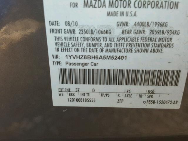 1YVHZ8BH6A5M52401 - 2010 MAZDA 6 I GRAY photo 10