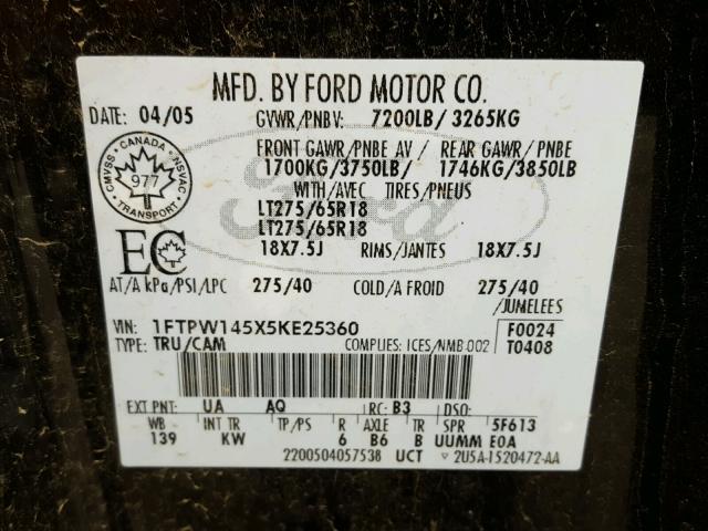 1FTPW145X5KE25360 - 2005 FORD F150 SUPER BLACK photo 10