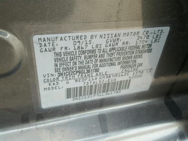 3N1CE2CP9GL361780 - 2016 NISSAN VERSA NOTE GRAY photo 10