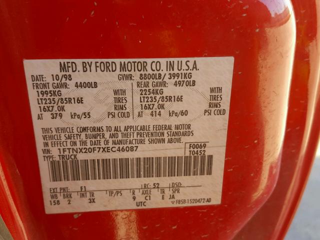 1FTNX20F7XEC46087 - 1999 FORD F250 SUPER RED photo 10