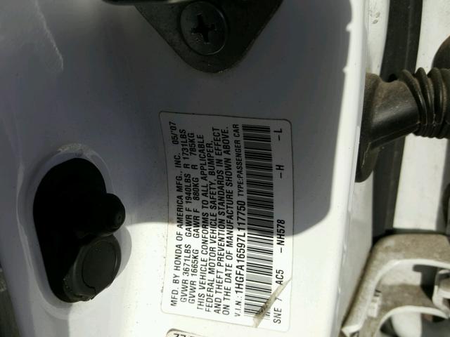 1HGFA16597L117750 - 2007 HONDA CIVIC LX WHITE photo 10