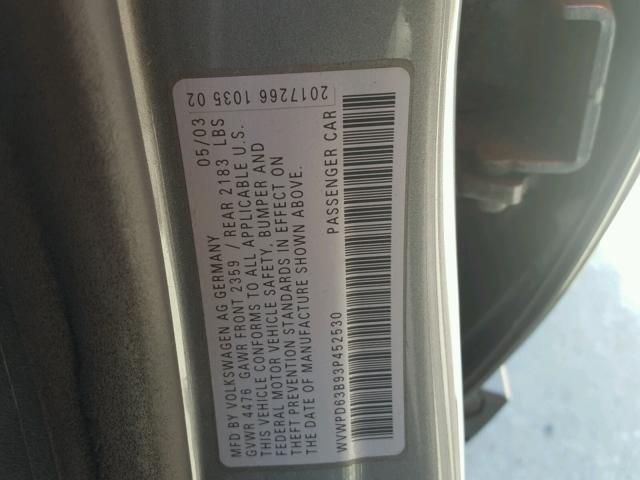 WVWPD63B93P452530 - 2003 VOLKSWAGEN PASSAT GLS GRAY photo 10