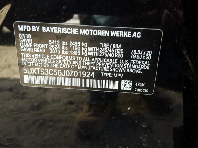 5UXTS3C56J0Z01924 - 2018 BMW X3 XDRIVE3 BLACK photo 10