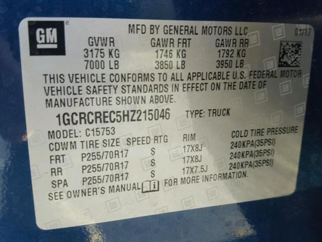 1GCRCREC5HZ215046 - 2017 CHEVROLET SILVERADO BLUE photo 10