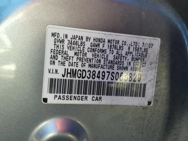 JHMGD38497S066829 - 2007 HONDA FIT SILVER photo 10