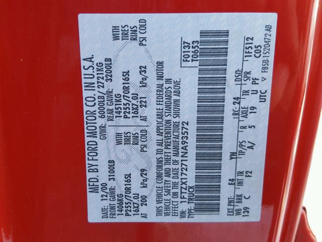 1FTZX17271NA93572 - 2001 FORD F150 RED photo 10