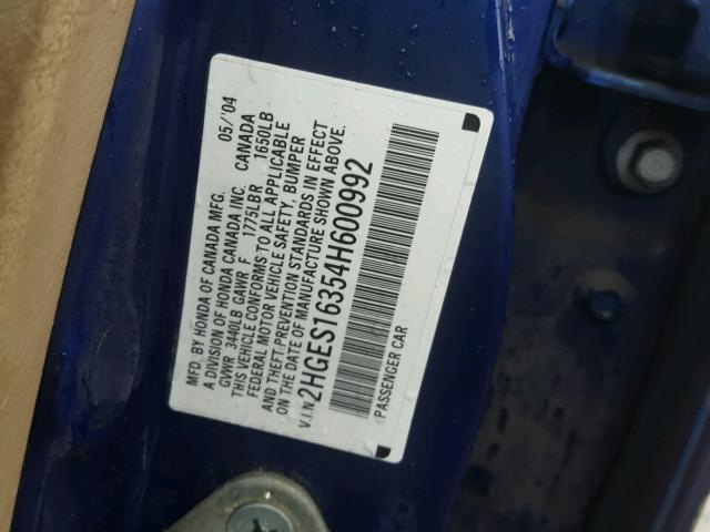 2HGES16354H600992 - 2004 HONDA CIVIC DX V BLUE photo 10