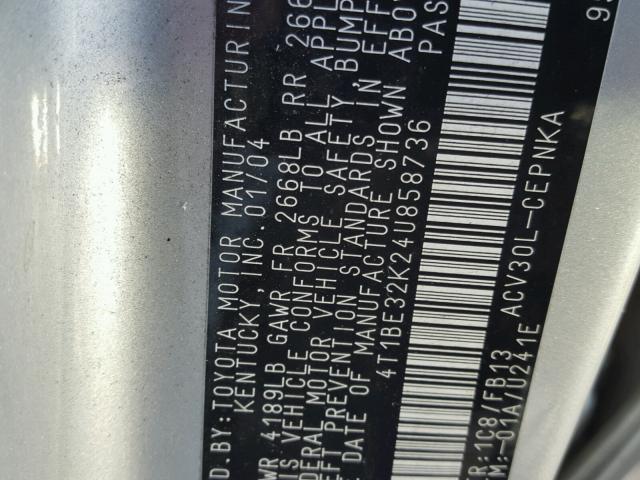 4T1BE32K24U858736 - 2004 TOYOTA CAMRY LE 银色 照片 10