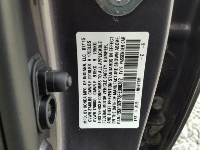 19XFB2F73FE090362 - 2015 HONDA CIVIC SE SILVER photo 10