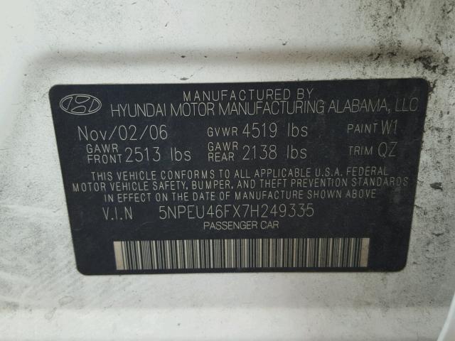 5NPEU46FX7H249335 - 2007 HYUNDAI SONATA SE WHITE photo 10