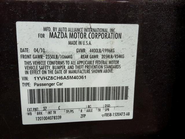 1YVHZ8CH6A5M40361 - 2010 MAZDA 6 I BLACK photo 10