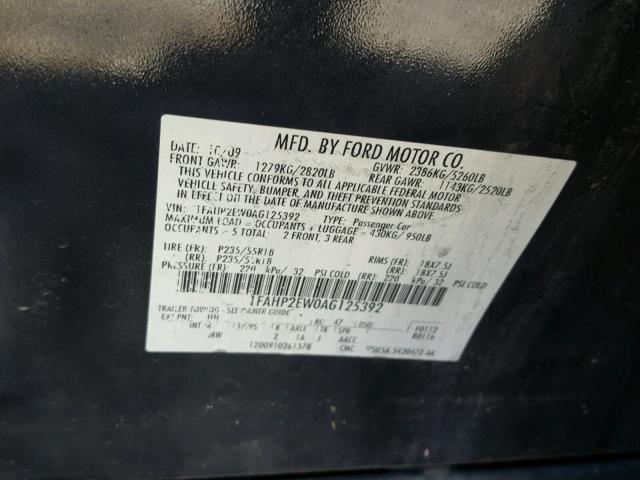 1FAHP2EW0AG125392 - 2010 FORD TAURUS SEL BLACK photo 10