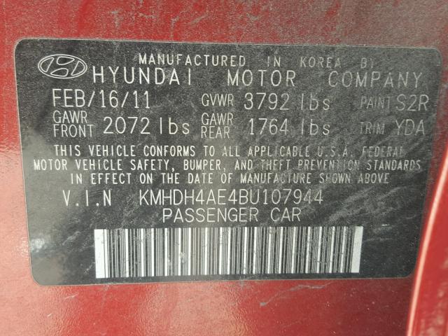 KMHDH4AE4BU107944 - 2011 HYUNDAI ELANTRA GL MAROON photo 10