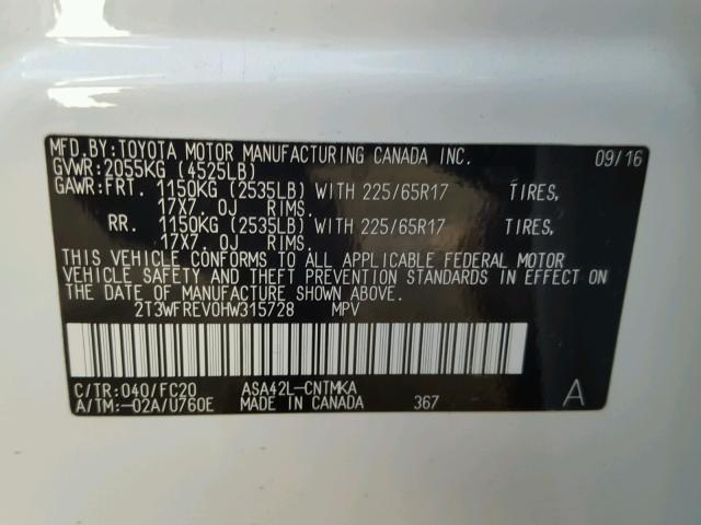 2T3WFREV0HW315728 - 2017 TOYOTA RAV4 XLE WHITE photo 10