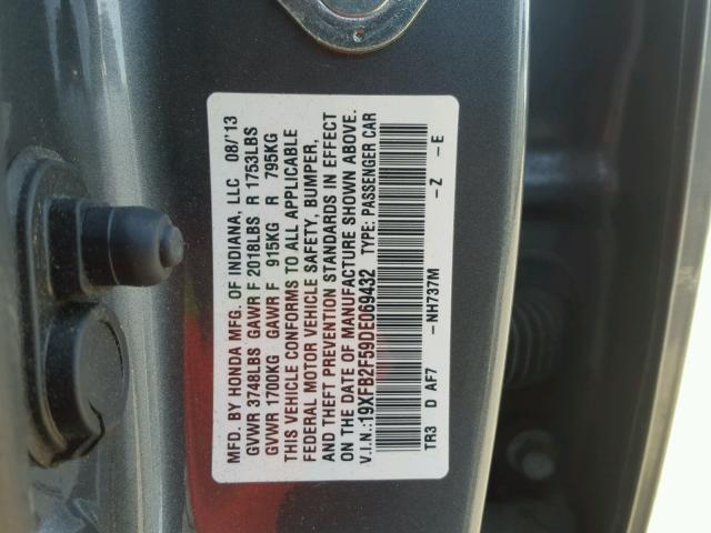 19XFB2F59DE069432 - 2013 HONDA CIVIC LX GRAY photo 10