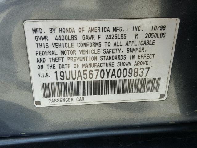 19UUA5670YA009837 - 2000 ACURA 3.2TL GRAY photo 10