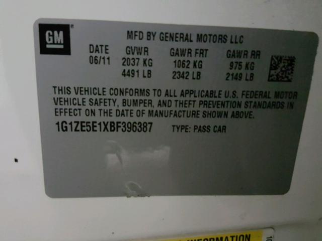 1G1ZE5E1XBF396387 - 2011 CHEVROLET MALIBU LTZ 白色 照片 10