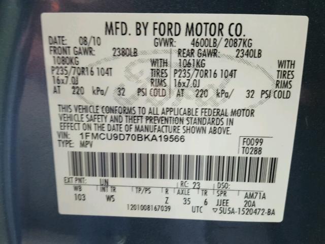 1FMCU9D70BKA19566 - 2011 FORD ESCAPE XLT BLUE photo 10