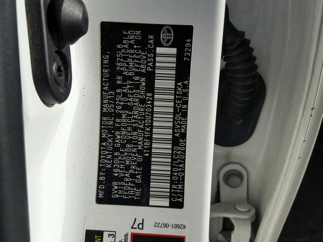 4T1BF1FK1DU703428 - 2013 TOYOTA CAMRY L WHITE photo 10