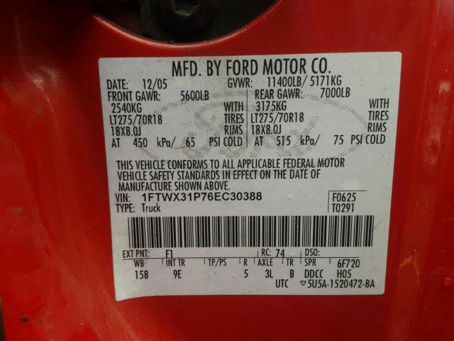 1FTWX31P76EC30388 - 2006 FORD F350 SRW S RED photo 10