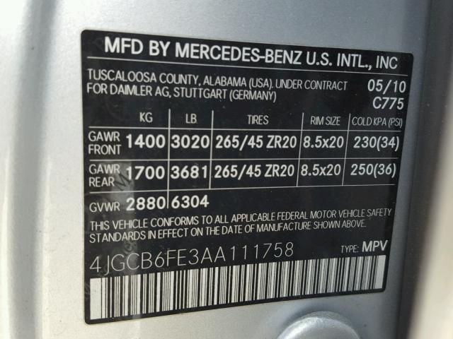 4JGCB6FE3AA111758 - 2010 MERCEDES-BENZ R 350 4MAT SILVER photo 10