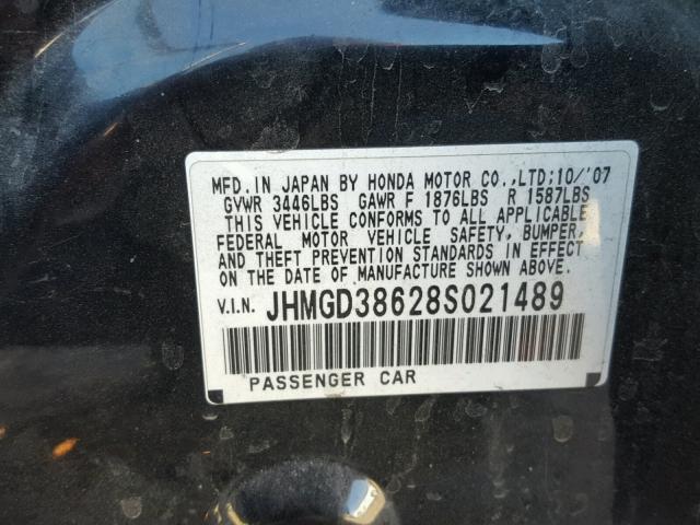 JHMGD38628S021489 - 2008 HONDA FIT SPORT BLACK photo 10