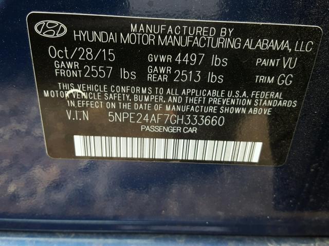 5NPE24AF7GH333660 - 2016 HYUNDAI SONATA SE BLUE photo 10