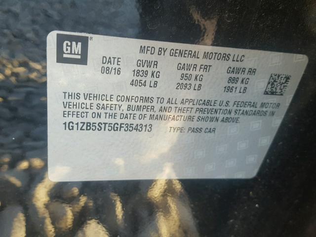 1G1ZB5ST5GF354313 - 2016 CHEVROLET MALIBU LS შავი ფოტო 10