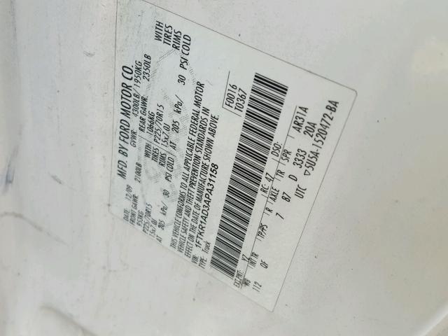 1FTKR1AD3APA31158 - 2010 FORD RANGER WHITE photo 10