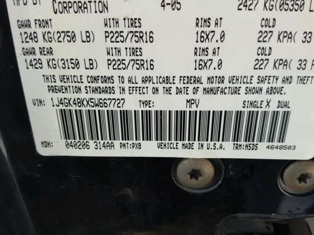 1J4GK48KX5W667727 - 2005 JEEP LIBERTY SP BLACK photo 10