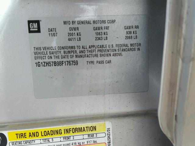 1G1ZH57B98F176759 - 2008 CHEVROLET MALIBU 1LT 银色 照片 10