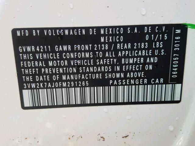 3VW2K7AJ0FM291265 - 2015 VOLKSWAGEN JETTA BASE WHITE photo 10