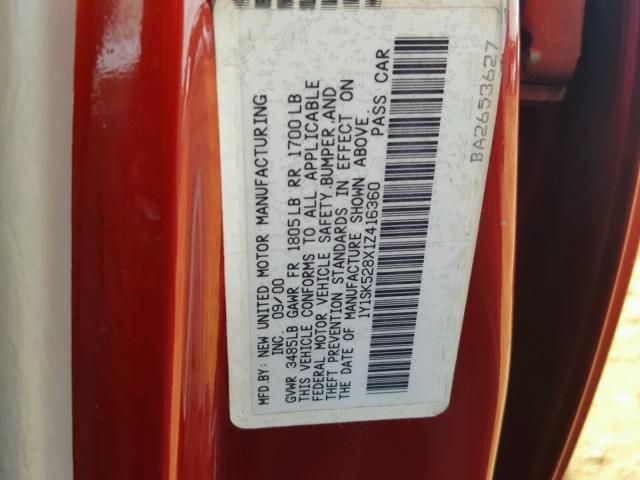 1Y1SK528X1Z416360 - 2001 CHEVROLET GEO PRIZM 红色 照片 10